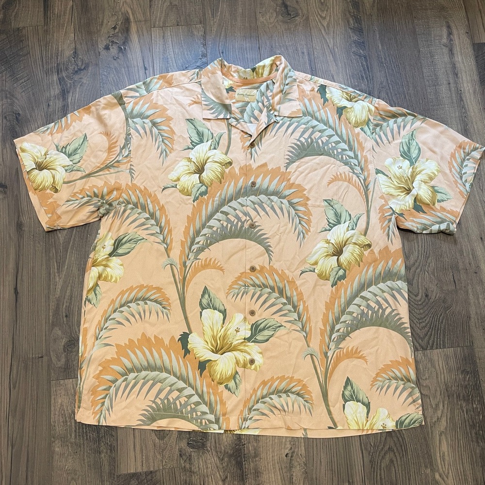 Tommy Bahama Mens XXL Silk Tropical Hibiscus Palm Print Camp Shirt Peach